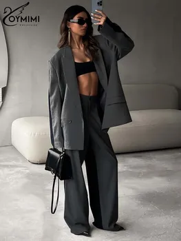 OYMIMI-Conjunto elegante de 2 peças para mulheres, roupa de retalho cinza, blazers de manga comprida, calças retas simples, calças da moda