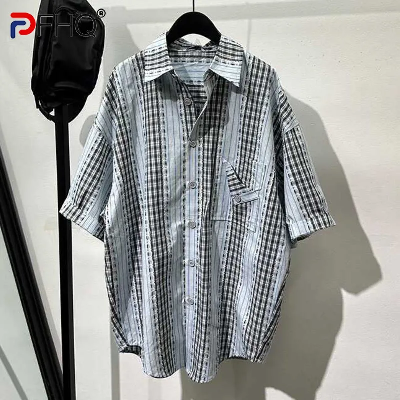 FEWQ Summer Trendy Splicing Niche Striped Silhouette Short Sleeved Shirt 2024 Turn-down Collar Contrast Male Tops 21Z5512