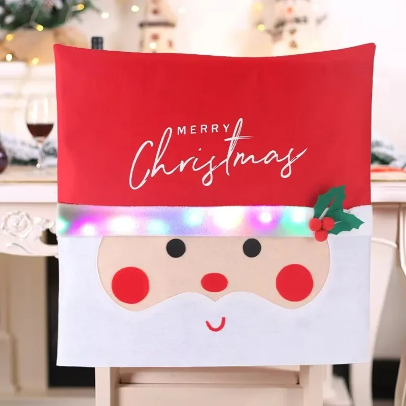 2026 Christmas Chair Back Cover with LED Light String Santa Claus Flashing Seat Cover Decorative Dining Chair Cover