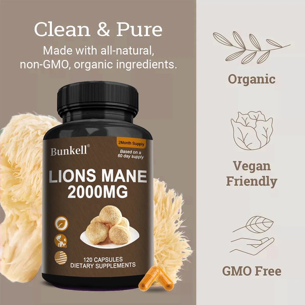 Organic Lions Mane Mushroom Capsules 2000mg, Support Brain Cognitive Focus Memory Sleep Immune Digestive & Mood Wellness view 3