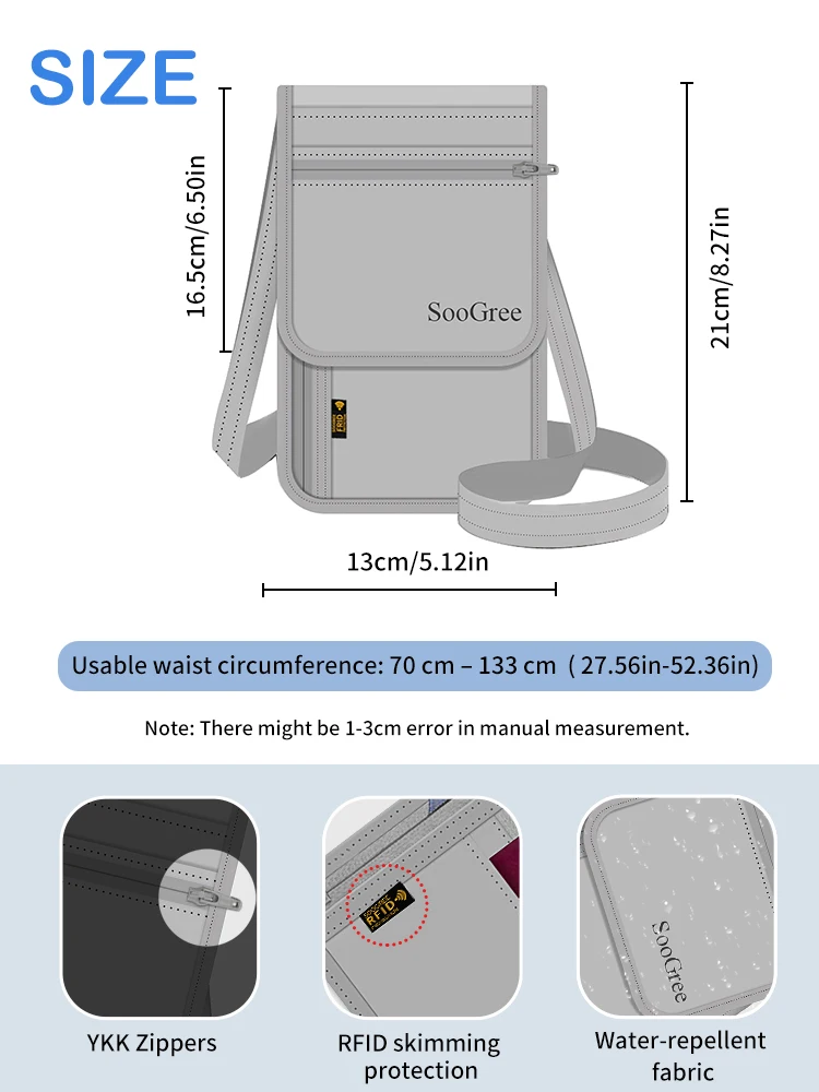 SooGree Anti-theft RFID Blocking Pouch Adjustable Waterproof Passport ID Card Certificate Storage Bag Travel Document Wallet