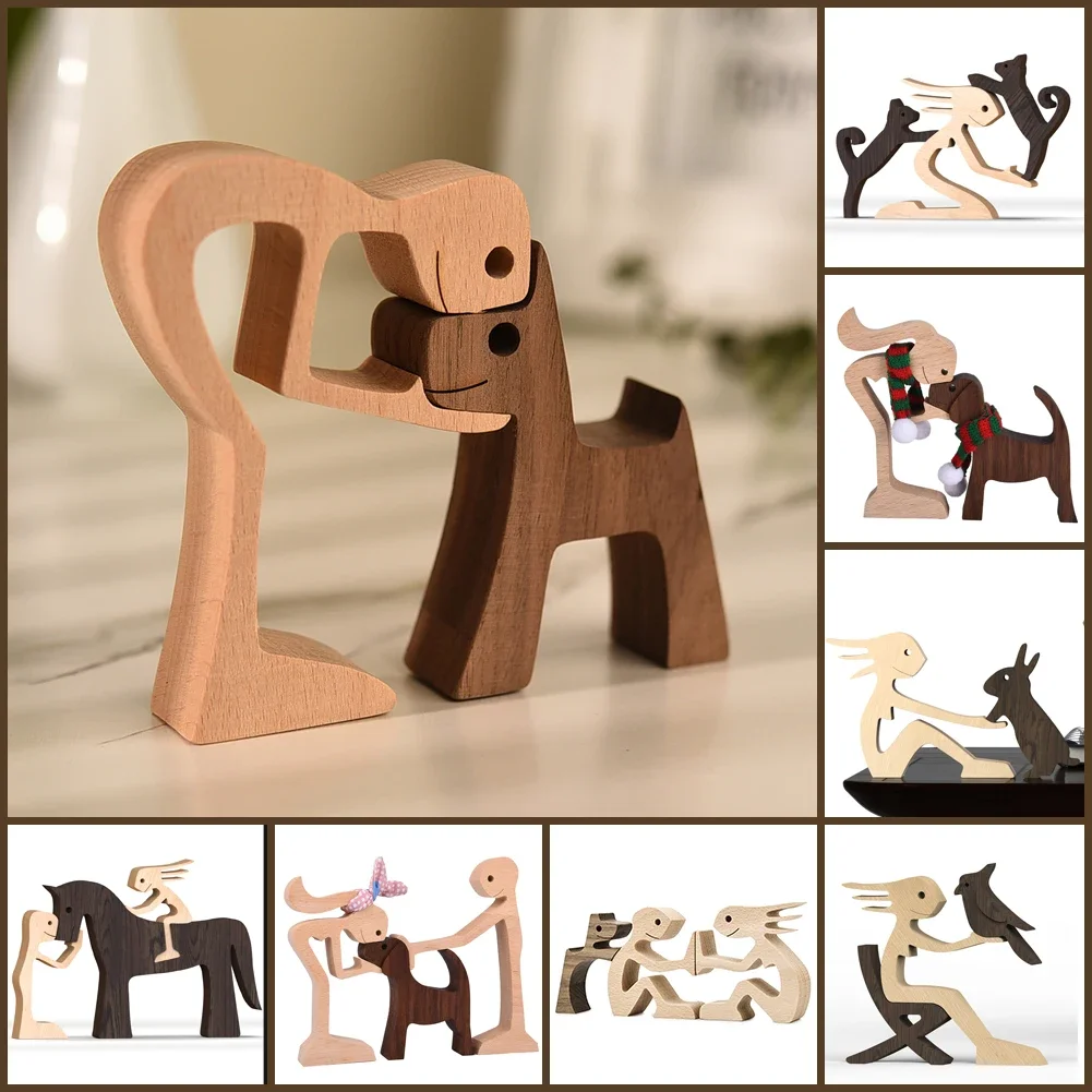 

Family Puppy Wood Dog Craft Figurine Desktop Table Ornament Carving Model Home Office Decoration Pet Sculpture Dog Lovers Gifts