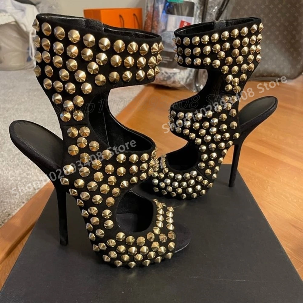 Сексуальные сандалии с золотыми круглыми заклепками для подиума, косплей, с открытым носком, на тонком высоком каблуке, новый дизайн, модная женская обувь, весна 2024, Para Mujere
