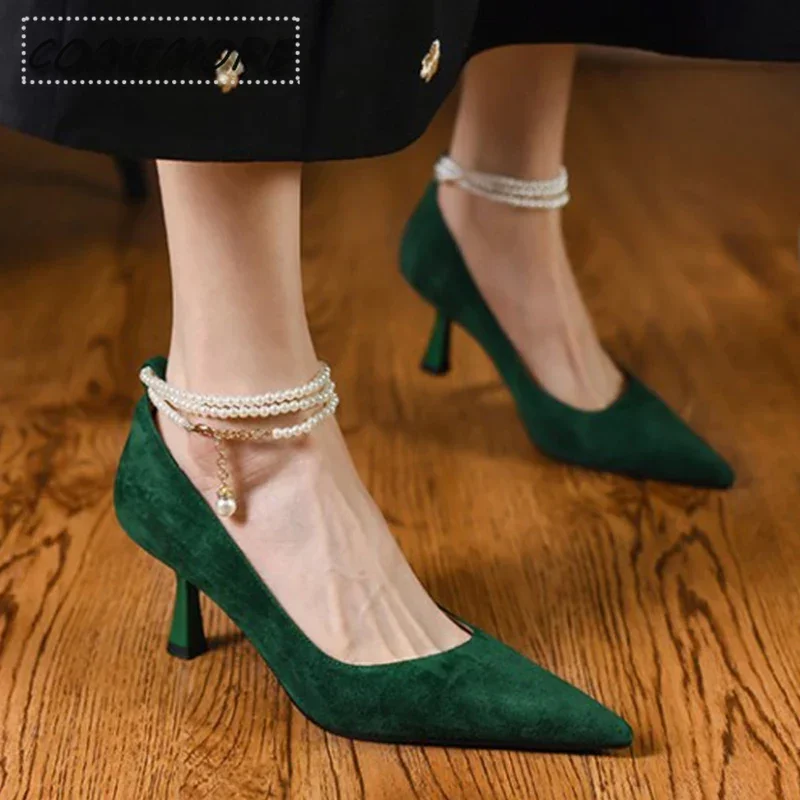 Sandals Green Women\'s High Heels Shoes Retro Pointed Toe Sexy Pumps New 2024 Summer Wedding Woman Bridal Shoes Stilettos Zapatos