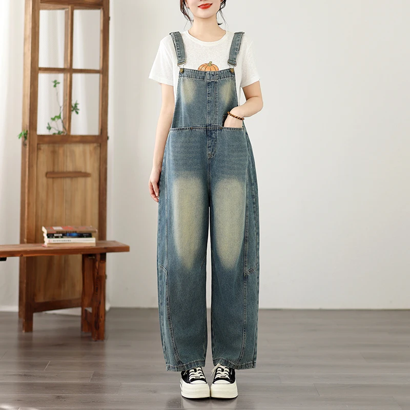 

Summer New Style Loose Fit Distressed Denim Overalls Women's High Waist Cotton Personalized Print Slimming Long Pants