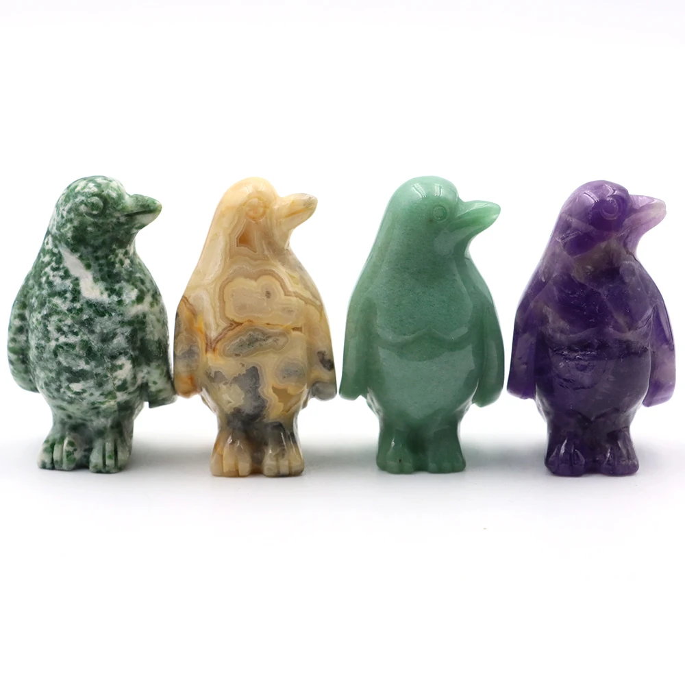 

Cute Penguin Statue Natural Amethyst Rose Quartz Healing Crystals Stones Carving Reiki Animal Figurines Crafts Room Decoration