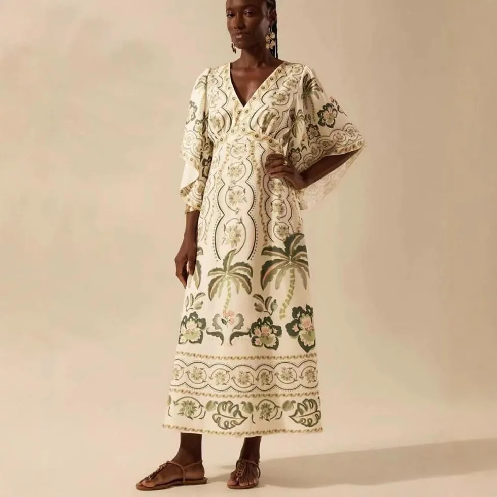 Verão vintage planta com decote em v bohe vestidos 2025 feminino elegante meia manga solta vestido de festa casual cintura alta balanço a linha vestido