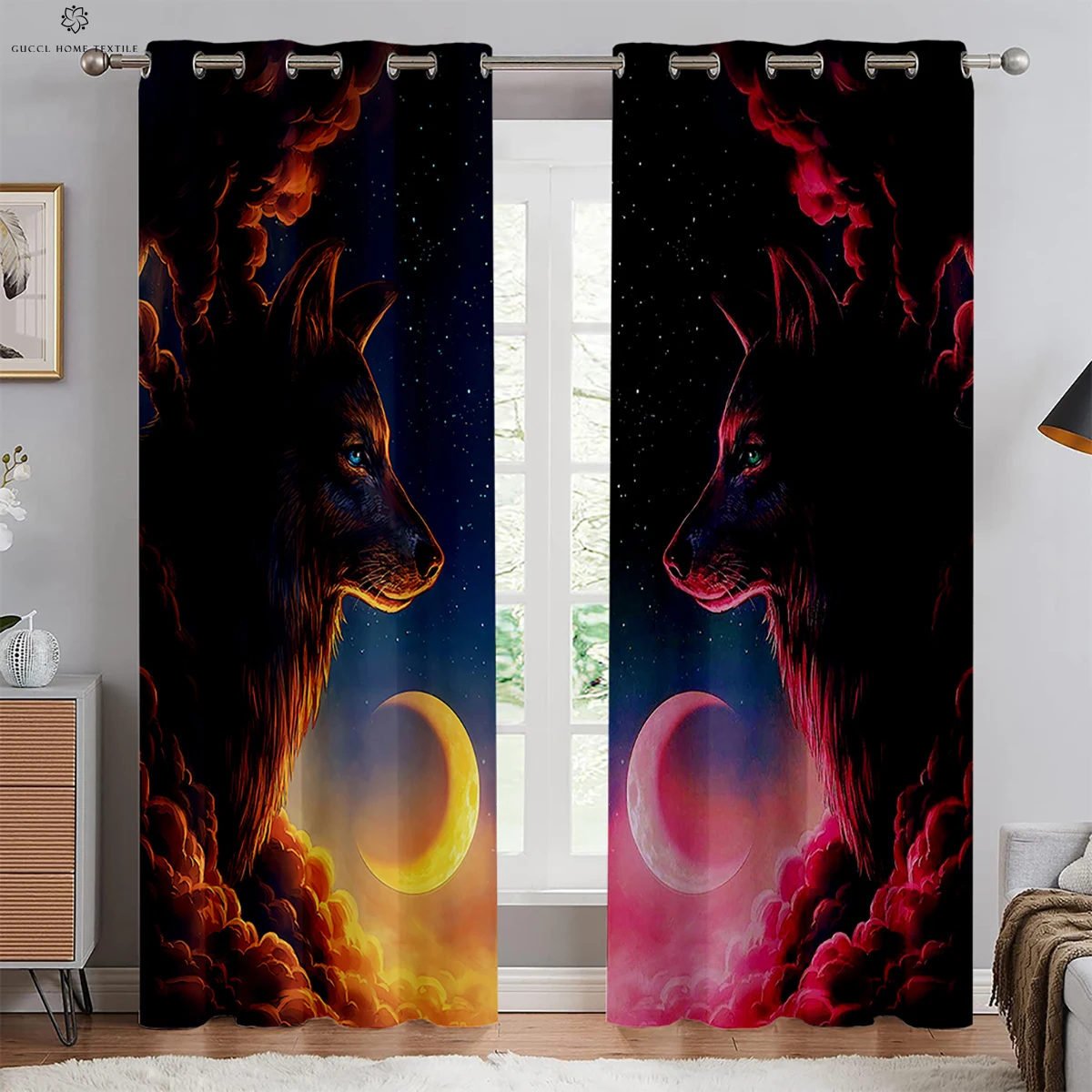 Starry Sky Moon Wolf Animal Print Window Blackout, Insulation Curtains, Bedroom, Living Room, Outdoor Kitchen Decorative Curtain