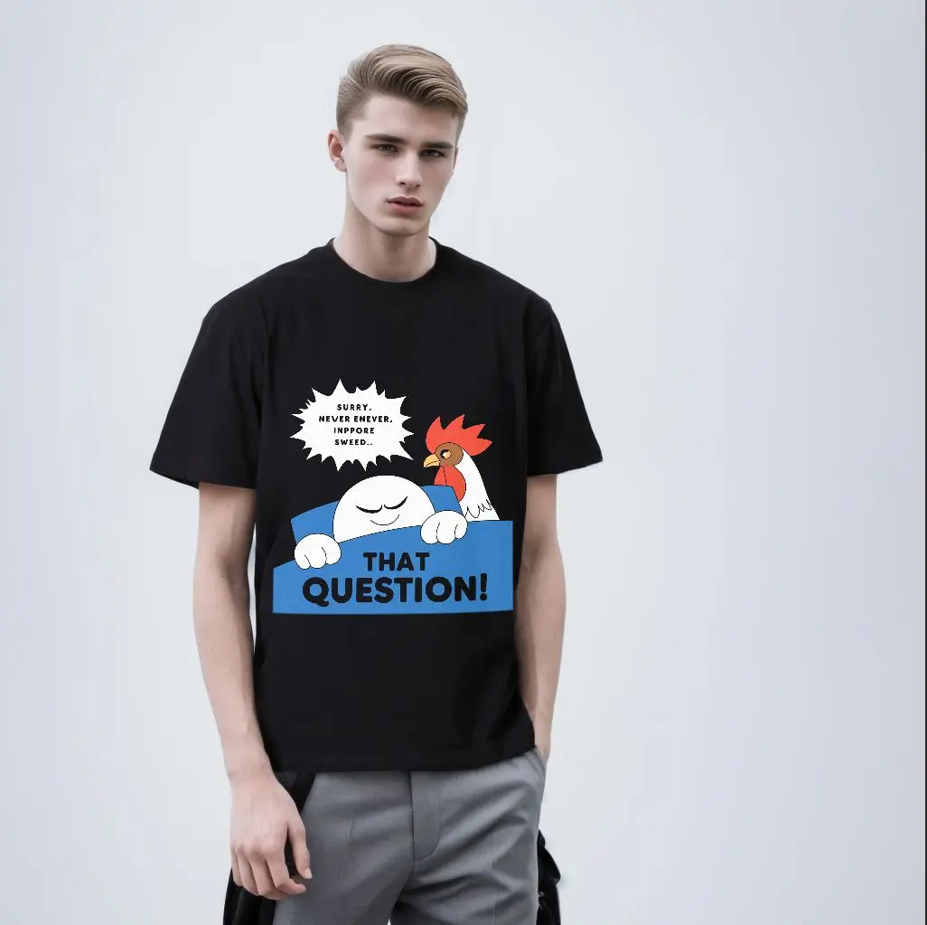 Cartoon Character & Rooster Graphic White T - Shirt, Casual Crew Neck Cotton T - shirt with Blue Rectangular Speech Bubble Desig