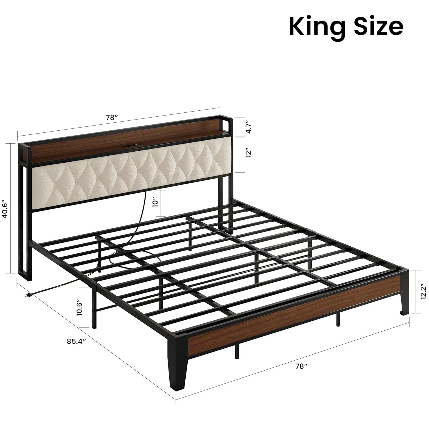 King Bed Frame with Tufted Headboard & Charging Station, Heavy Duty Slat Support No Box Spring Needed, Customized