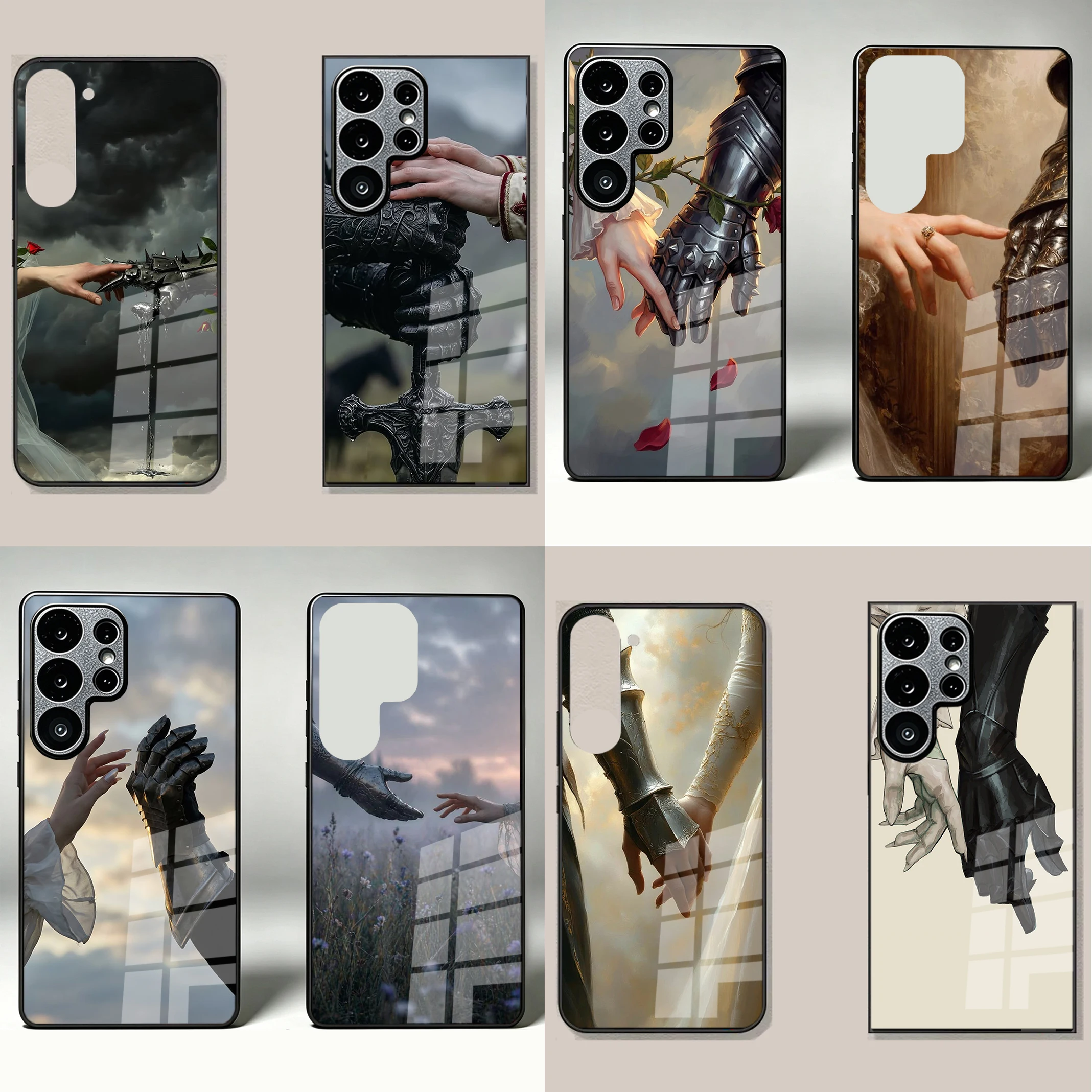 Gothic Knight Rose Intertwined Hands Phone Case For Samsung Galaxy S26 S24 FE S25 EDGE S23 S22 ULTRA S21 S20 PLUS S10 LITE Glass