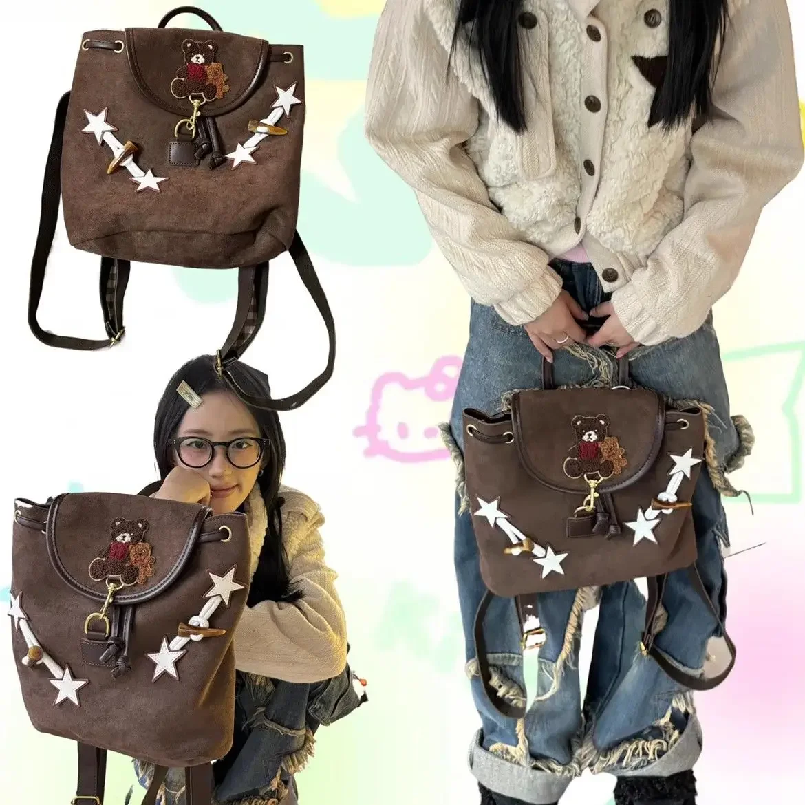 

Original Star Cartoon Bear Aesthetic Women Backpack 2024 Autumn Casual Suede Y2K Small School Bag Fashion Trendy Ladies Knapsack