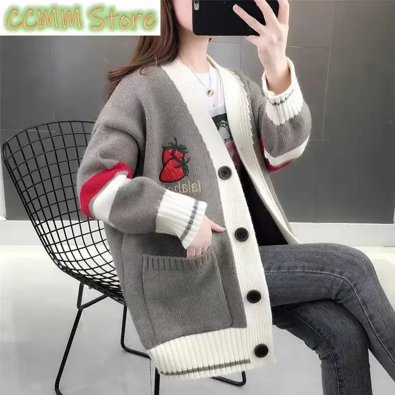 

New Autumn and Winter Women's Korean Edition Loose Mesh Red Knitted Cardigan Coat Lazy and Fashionable Sweater Outwear