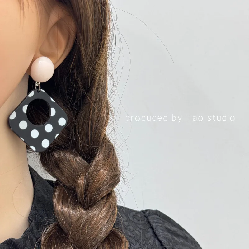 Stud Earrings Black White Polka Dot Cutout Rounded Rhombus Vintage Oversized Hong Kong Retro Chic   Resin for Women Office Daily