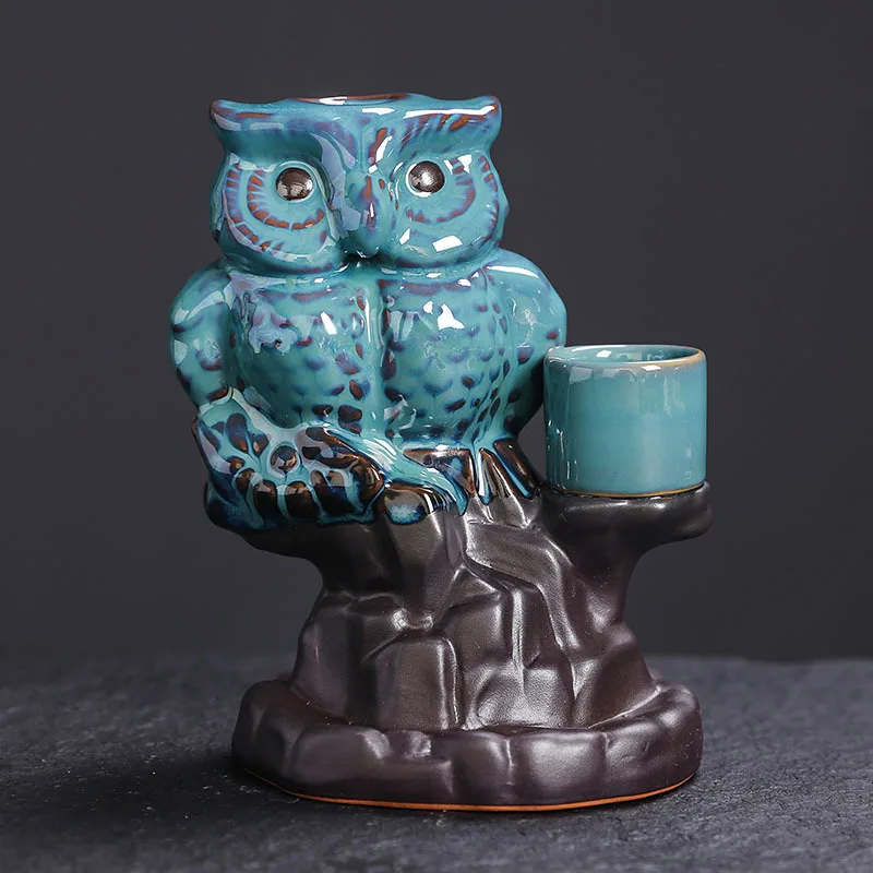 Ceramic owl handicraft candlestick reflux incense burner, creative home ornament reflux aromatherapy burner