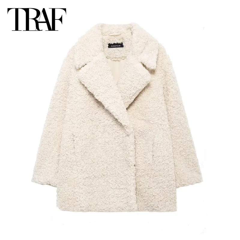 TRAF Women 2024 Faux Fur  Oversized Coats Autumn Winter Beige Long Sleeve Outerwears Ladies Fashion Casual Elegant Long Jackets