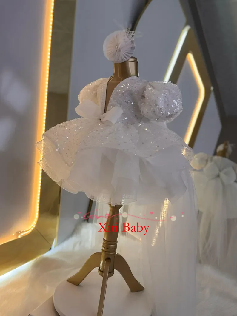 Xiti Toddler and baby dress Knee length fluffy dress for girls Balloon sleeve party dress Sparkly girl's dress Flower Girl Dress