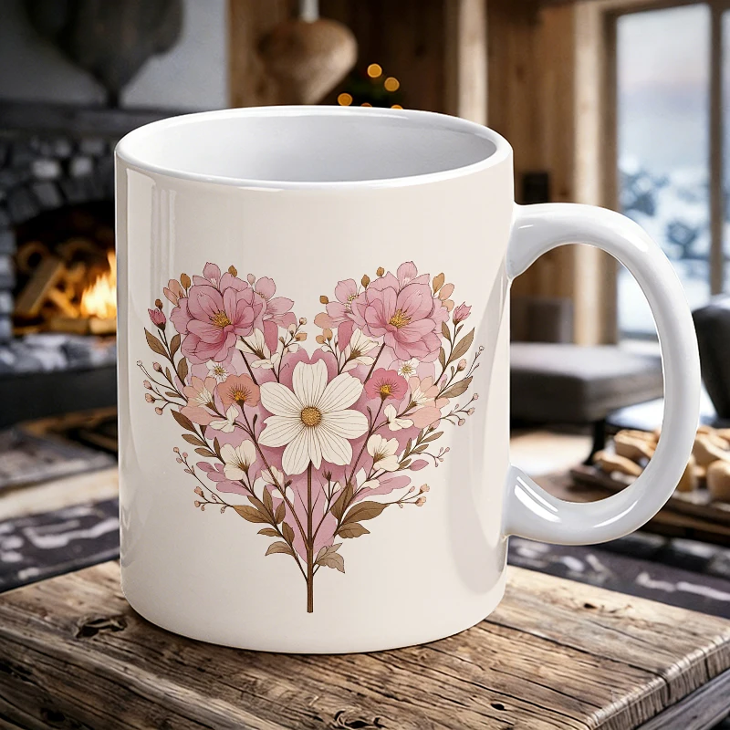 

heart-shaped floral bouquet illustration with handle ceramic cup, creative coffee cup, milk cup, office tea cup, drinking cup