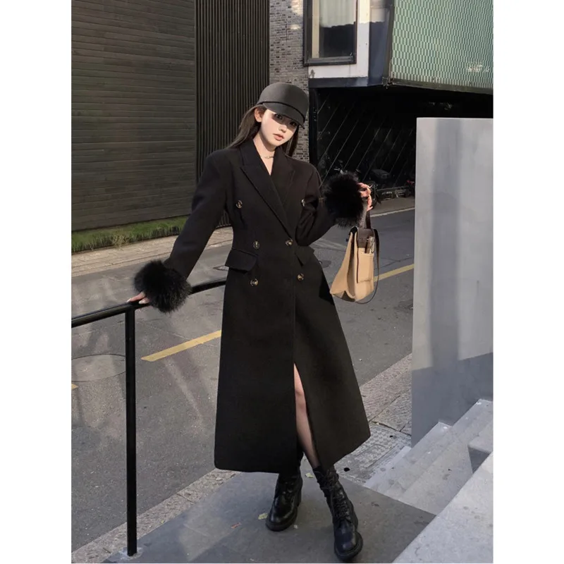 [oein] Double Breasted Woolen Coat Waistband Slimming Effect, Hepburn Style Fur Sleeves, Long Jacket With Cotton For Women