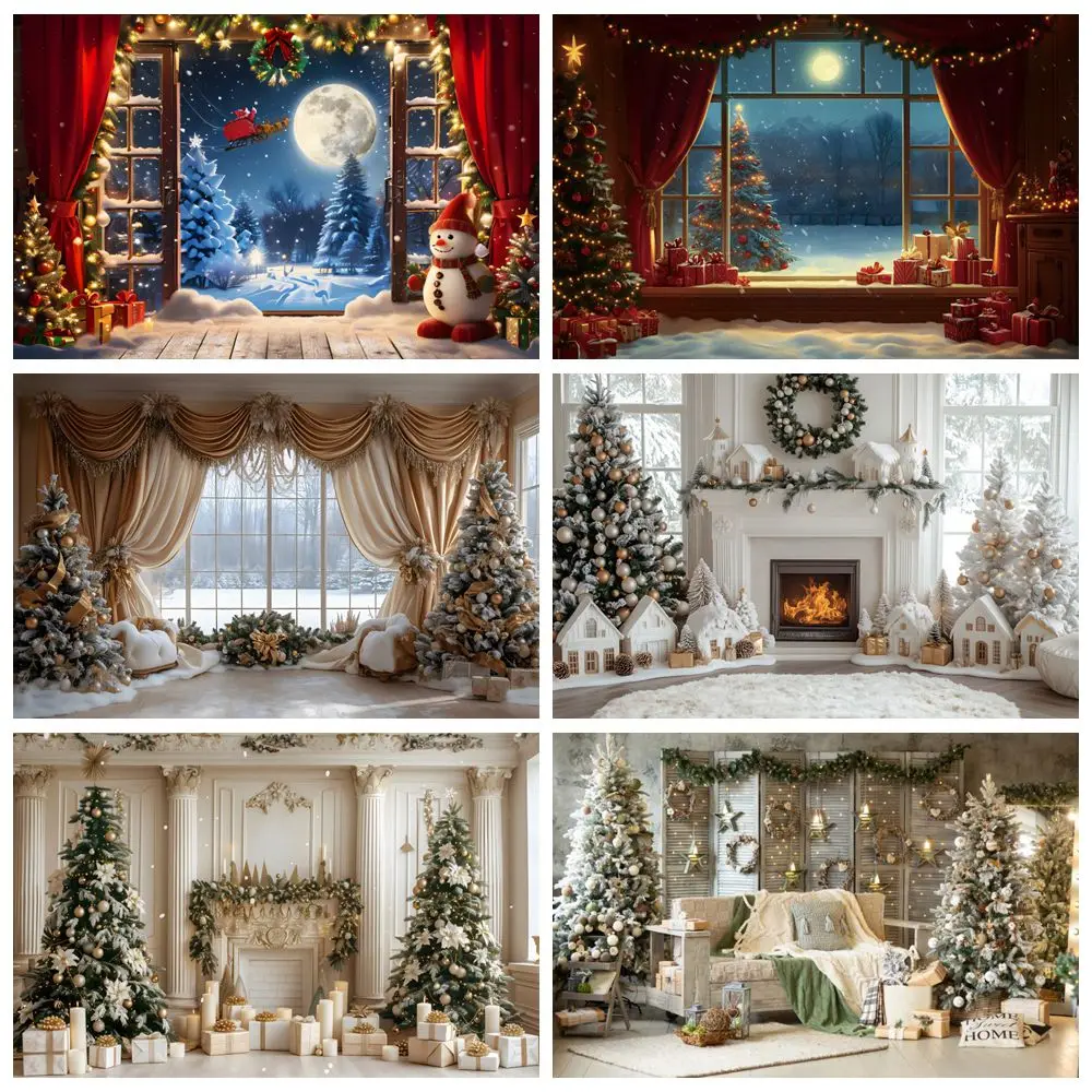 

Christmas Backdrop for Photography 2024 Xmas Tree Party Gifts Fireplace Room Window Toy Baby Family Photography Background Decor