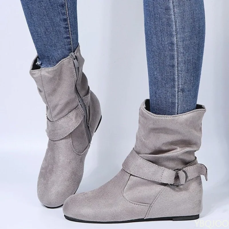 Botas femininas para outono inverno simples e confortáveis de salto baixo com zíper lateral versátil para uso casual diário botas curtas femininas
