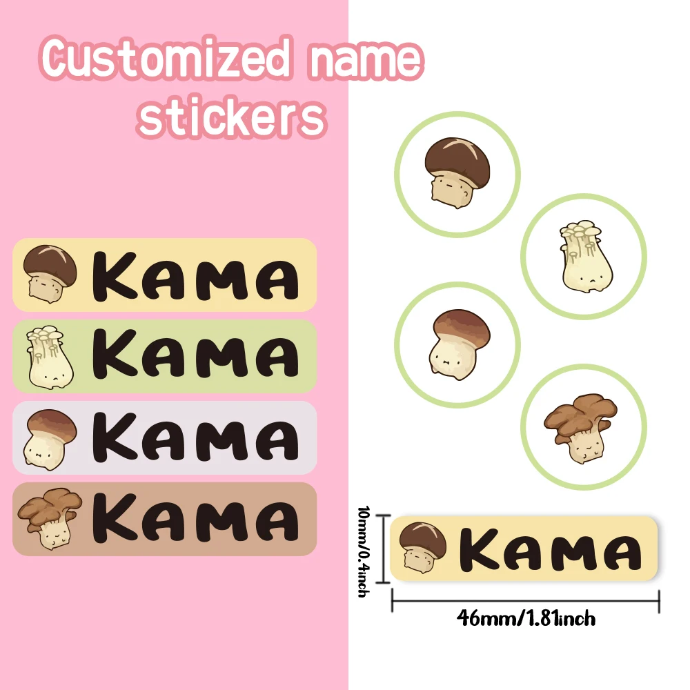 Custom mushroom Name Sticker,Transparent Waterproof Sticker for Kids,diy Name Labels for School Bag Bottles Pen Box Uniform