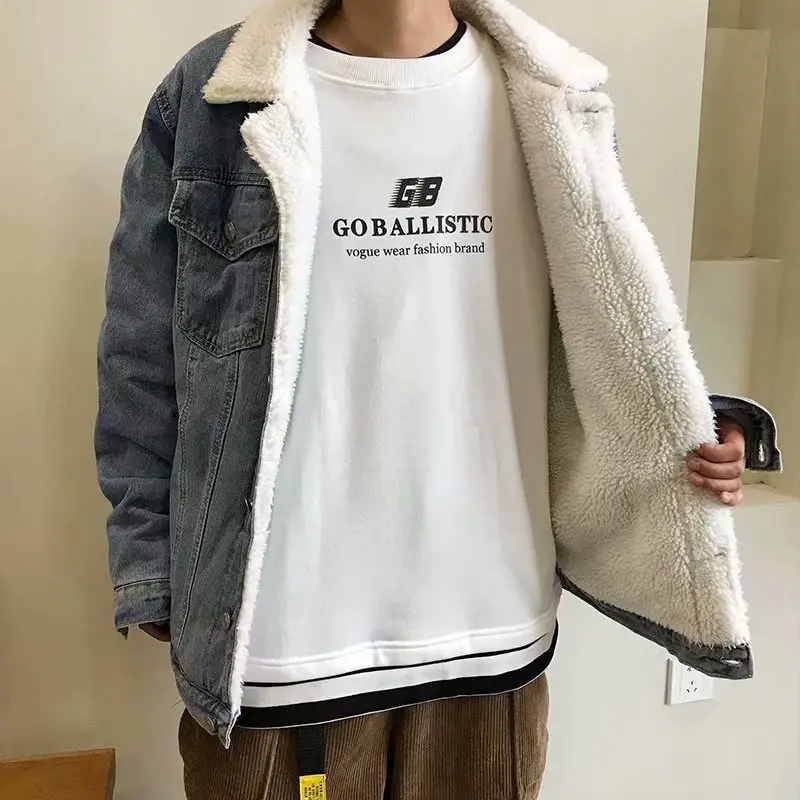 

Lamb Velvet Thiened Denim Jaet for Men Autumn Winter Sle Youth Faionable Top Cotton Flannel Lapel Single Button Long ...