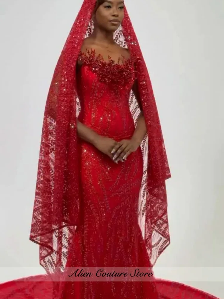 

Romantic Red Beaded Mermaid Prom Gown With Matching Veil Women Wedding Party Gown Evening Dress Customized