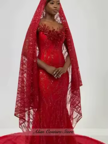 Romantic Red Beaded Mermaid Prom Gown With Matching Veil Women Wedding Party Gown Evening Dress Customized