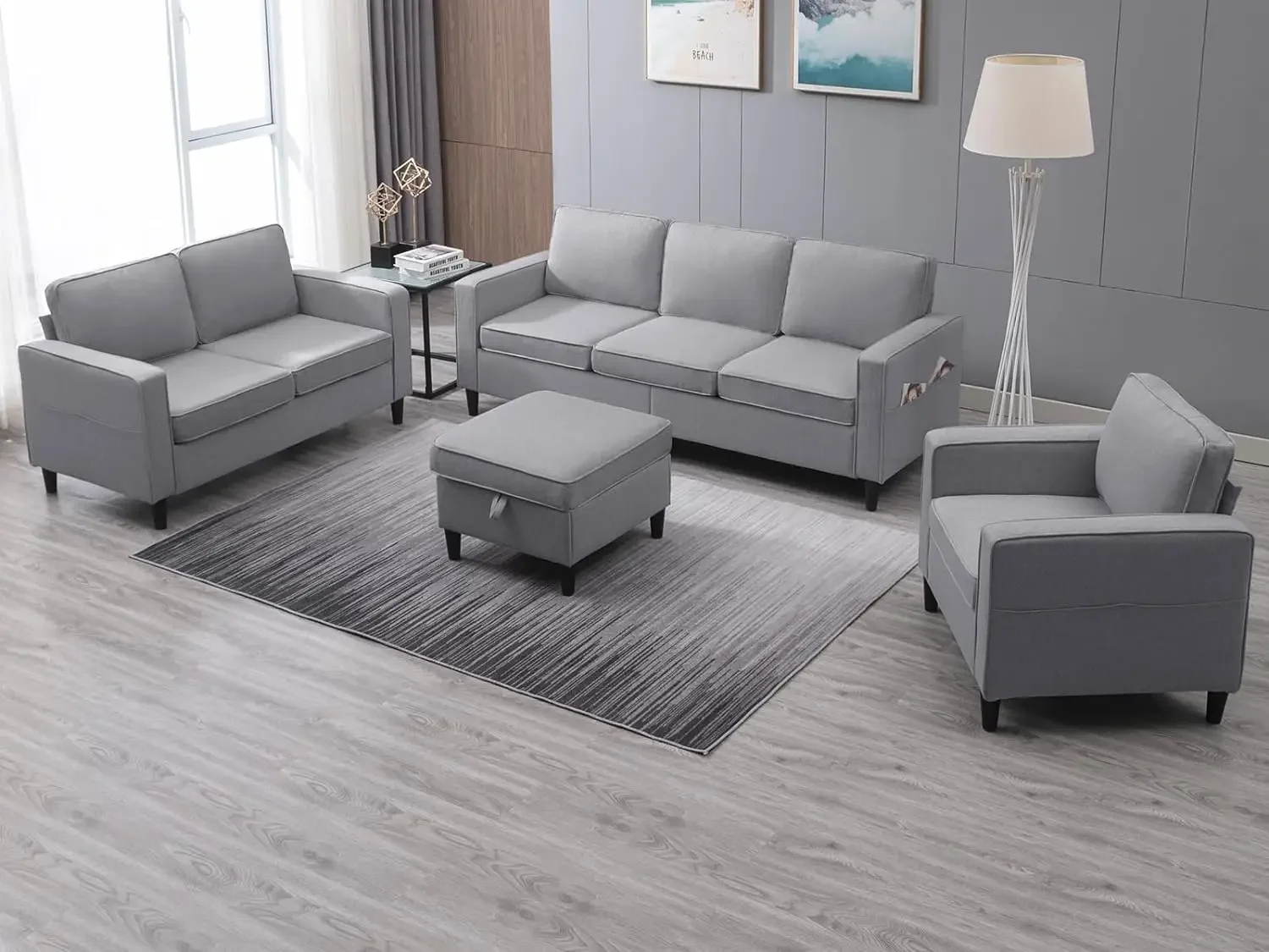 Sofa Sets Come with 3 Seat Couch and Loveseat, Armchair Storage Ottoman Linen Fabric Wooden Legs Comfy Furniture Couch