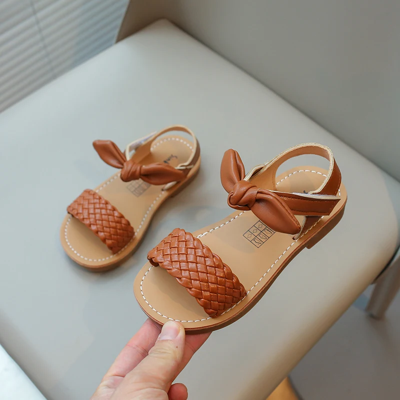 Toddlers Girls Leather Sandals 2024 Summer Brand New Children Beach Shoes Open Toes with Bow-knot Sweet Princess 21-30 Anti-skid