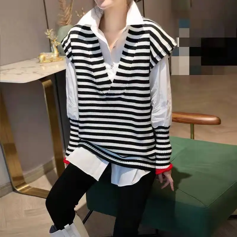 Fashion Lapel Spliced Loose All-match Striped Shirts Women's Clothing 2023 Autumn Winter Oversized Casual Tops Commuter Blouses