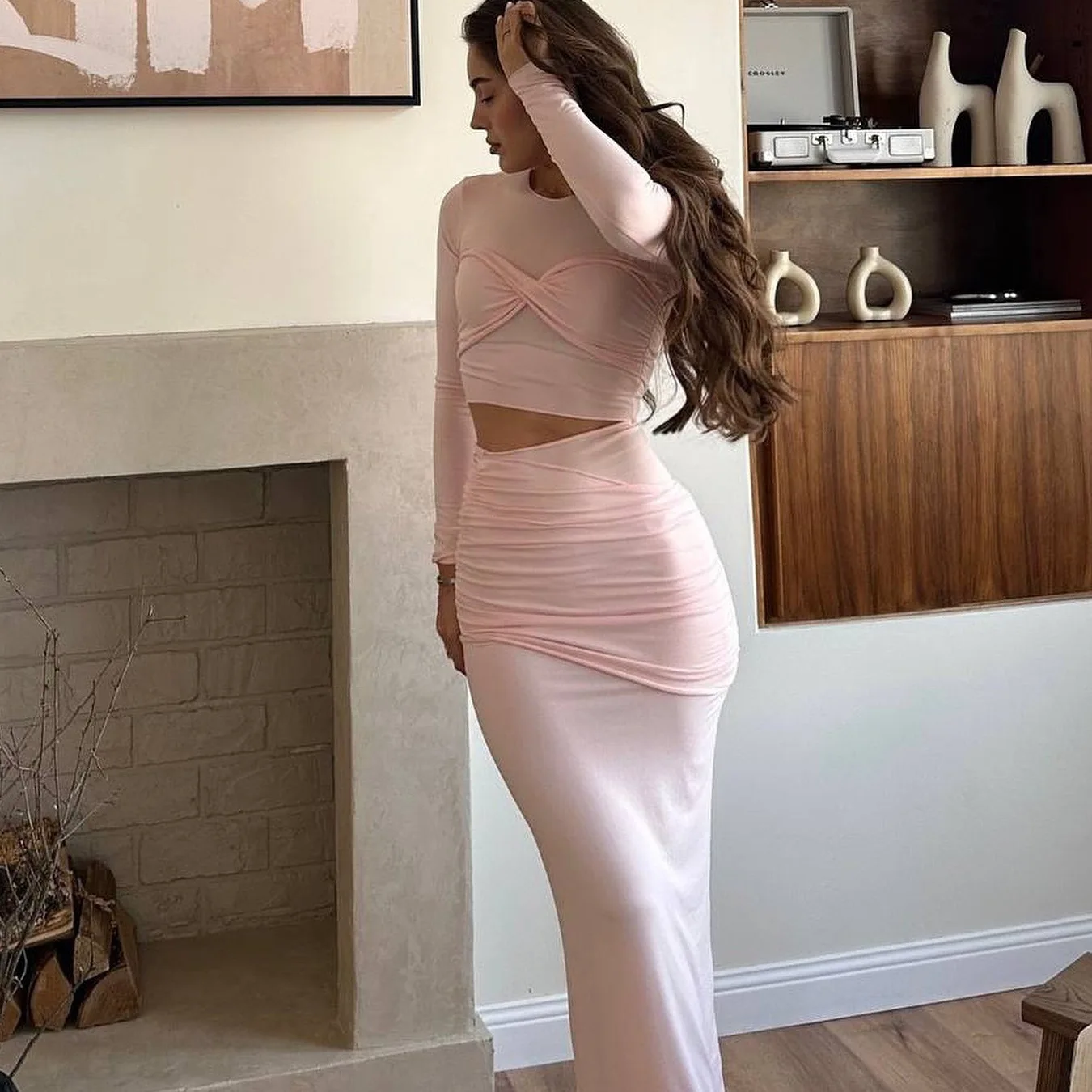 2024 Fashion Personality Hot Girl Fashion Suit Women Round Neck Long Sleeve Pleated Top Elastic Slim Skirt Two Piece Suit