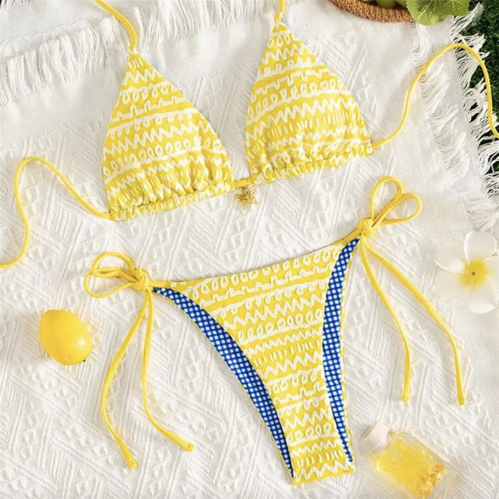 

Sexy Yellow Halter String Thong Micro Triangle Bikini Gradient Striped Swimwear Woman 2026 Double-sided Bathers Bikinis Sets