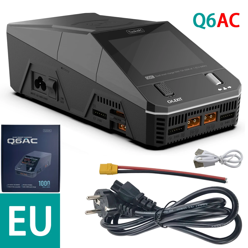 ToolkitRC Q6AC Charger AC 400W/DC 1000W 4CH output Built-in 65W USB A/TYPEC Output ,LiPo, 1-6S,NiMH 1-16S,PB 1-10S Charger IPS