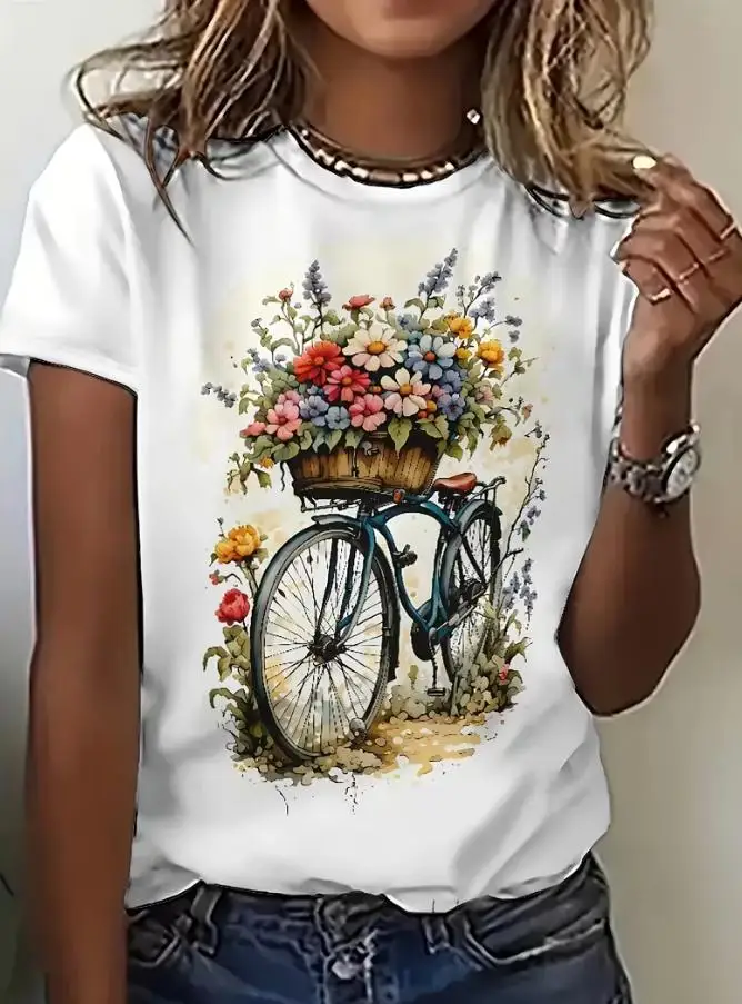 Vintage Bicycle Floral Graphic T Shirt Women Cottagecore Aesthetic Flower Basket Printed Tee Casual Short Sleeve Crewneck Top Summer Clothes