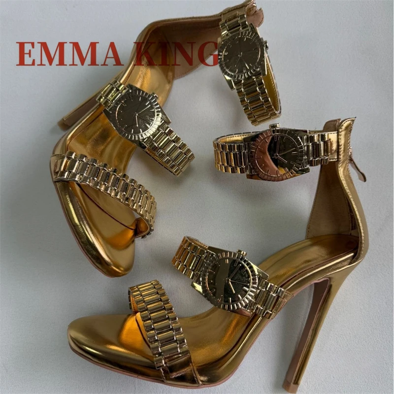 ساعة ذهبية رصع الصنادل المفتوحة تو عالية الكعب الكاحل حزام الصنادل عودة زيبر سلسلة معدنية صنادل طراز جلاديتور أحذية الحفلات الصيفية