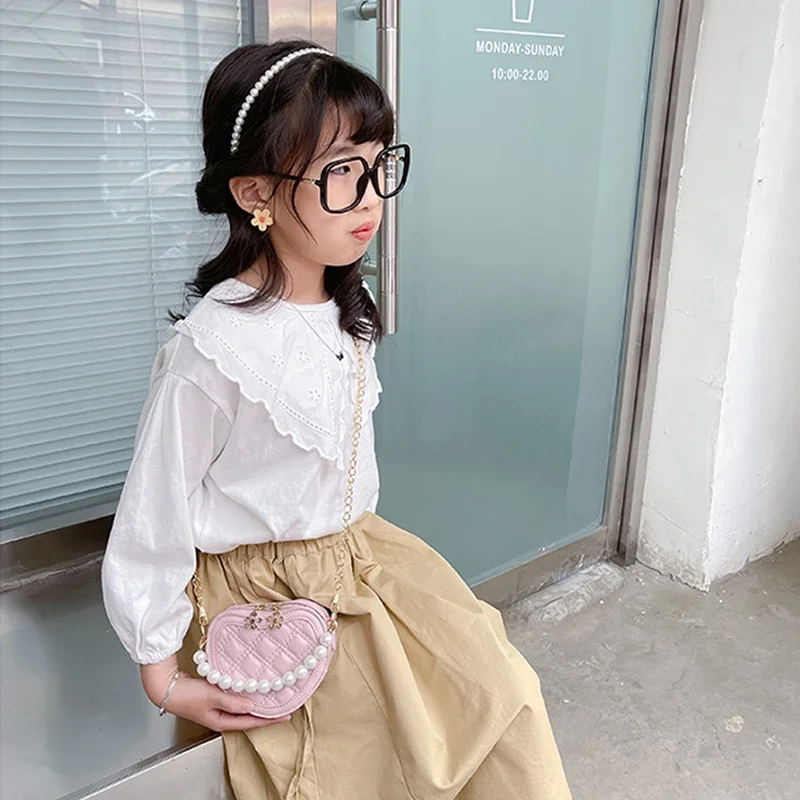 Heart Shaped Quilted Mini Crossbody Bag With Pearl Handle Cute Princess Shoulder Bag For Little Girls Daily Coin Purse
