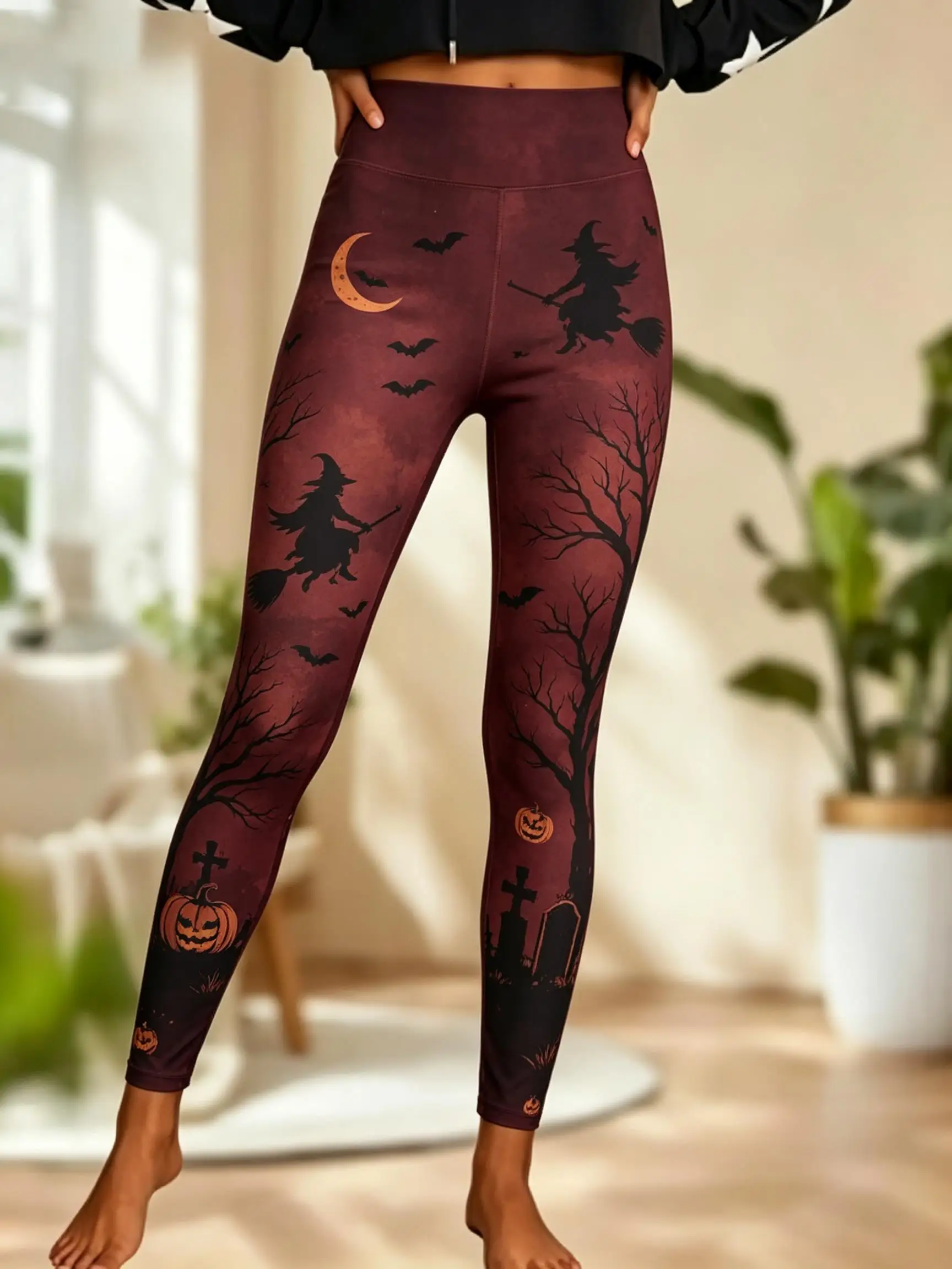 Women Halloween Fleece Mid‑Rise Leggings Witch Full Moon Tombstone Pumpkin Bat Print Stretch Slim Pants