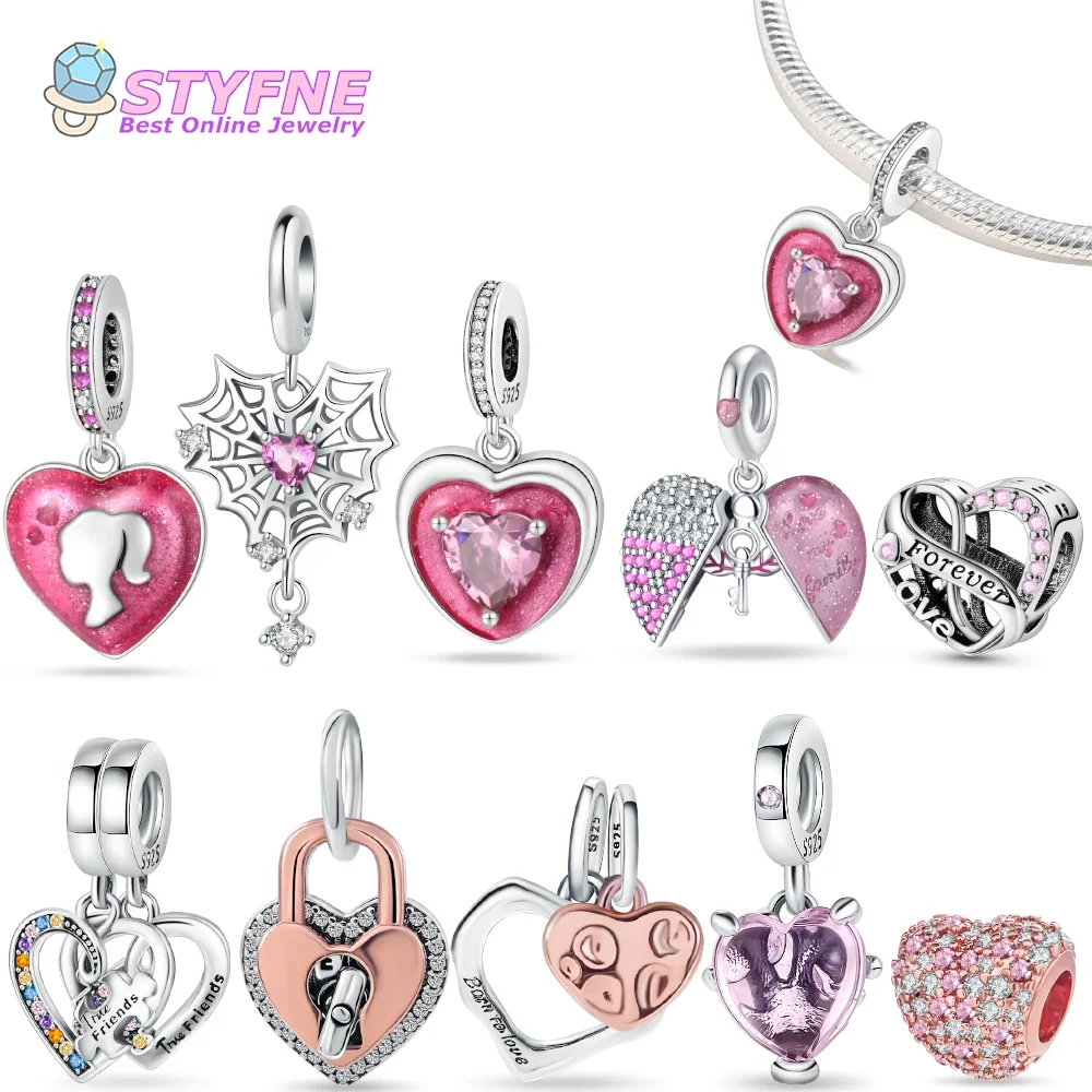 925 Sterling Silver Pink Heart Pendant Beads Charms fit Bracelets and Necklaces Dangle Pendants Fine Jewelry Official Website