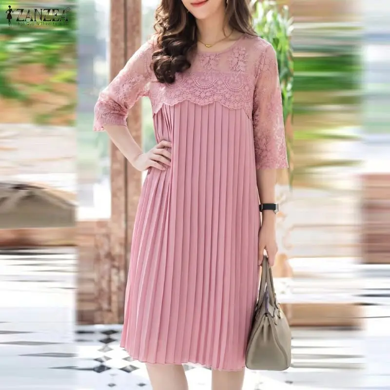 Elegant Lace Patchwork Loose Dress Women O-Neck Short Sleeve Pleated Detailing Knee-Length Dresses ZANZEA Everyday Wear Robes