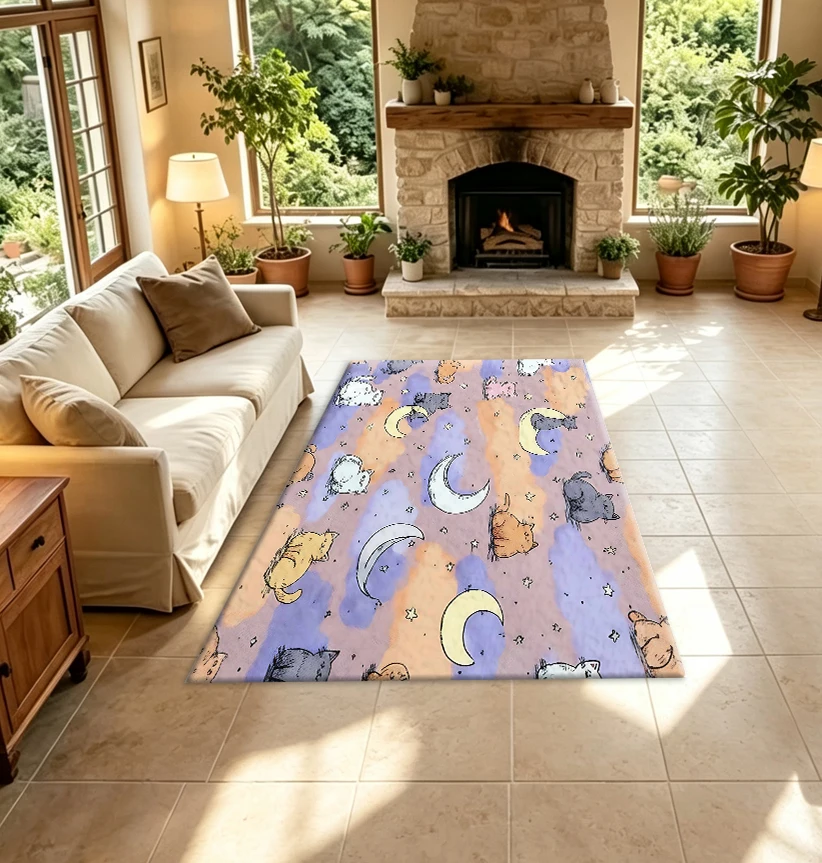 Cartoon Cat Moon Cloud Carpet Cute Hand-Painted Kitten Print Floor Mat Soft Indoor Decorative Children's Carpet Suitable for Children's Room Bedroom