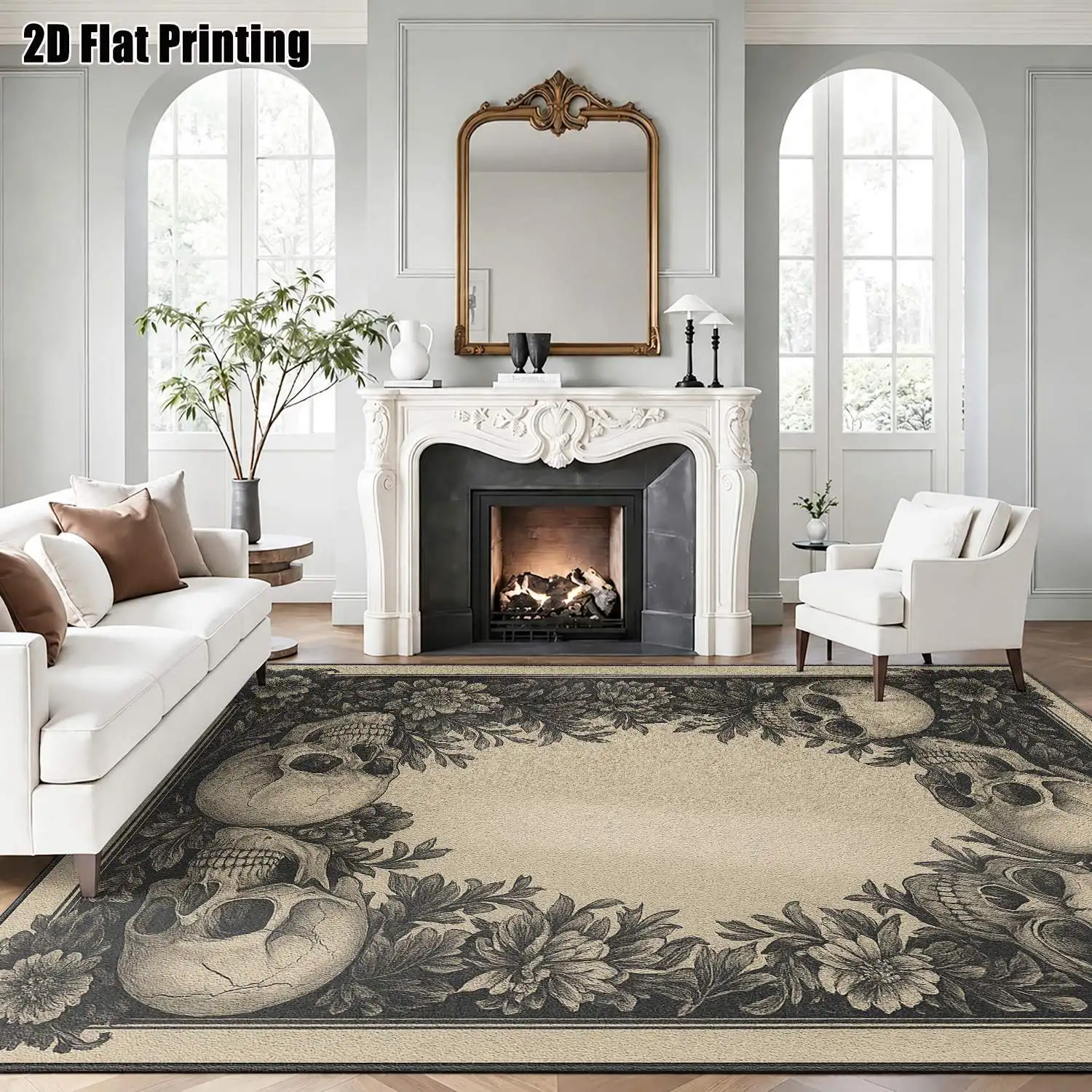 1Pc 2D Printed Carpet: Retro Skull & Flower Pattern, European/Bohemian Style, Machine Washable, Multi-Size for Home Decor