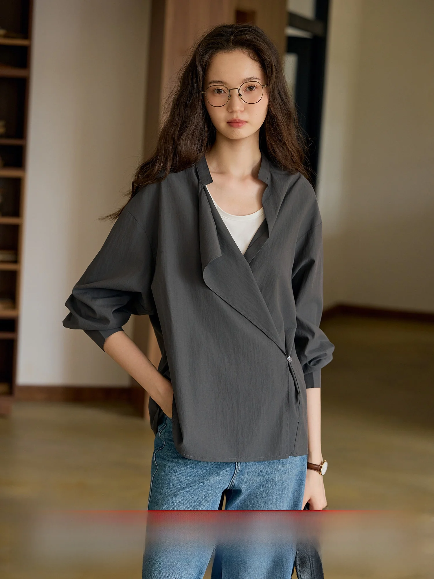 

Limited Edition "Acrifi" Retro Structured Side Button Design Long Sve irt Loose Fit French Sle Pure Color Warmth Breat...