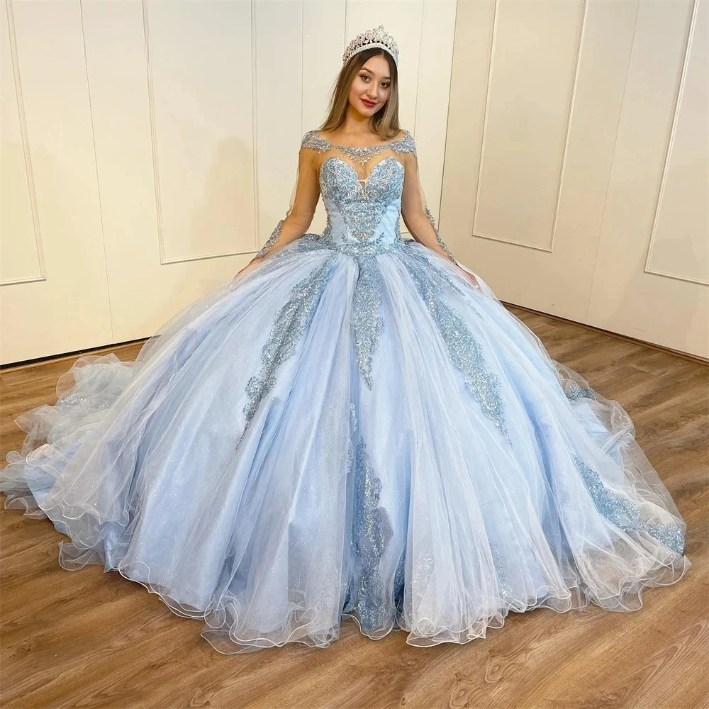 Vestidos de Quinceañera de princesa azul cielo, vestido de baile de manga larga, apliques de tul, dulce 16, 15 Años, mexicano