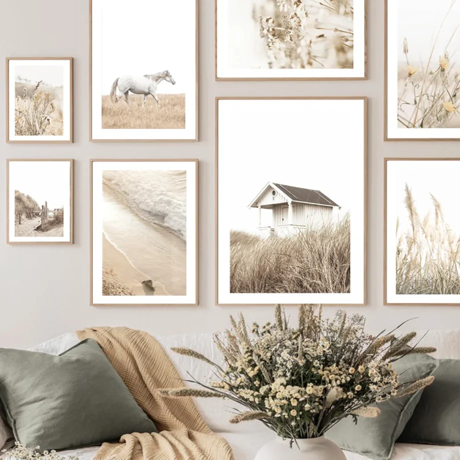 Reed Beach Grass House Waves Horse Dried Flower Nordic Poster Wall Art Print Canvas Painting Decoration Pictures For Living Room