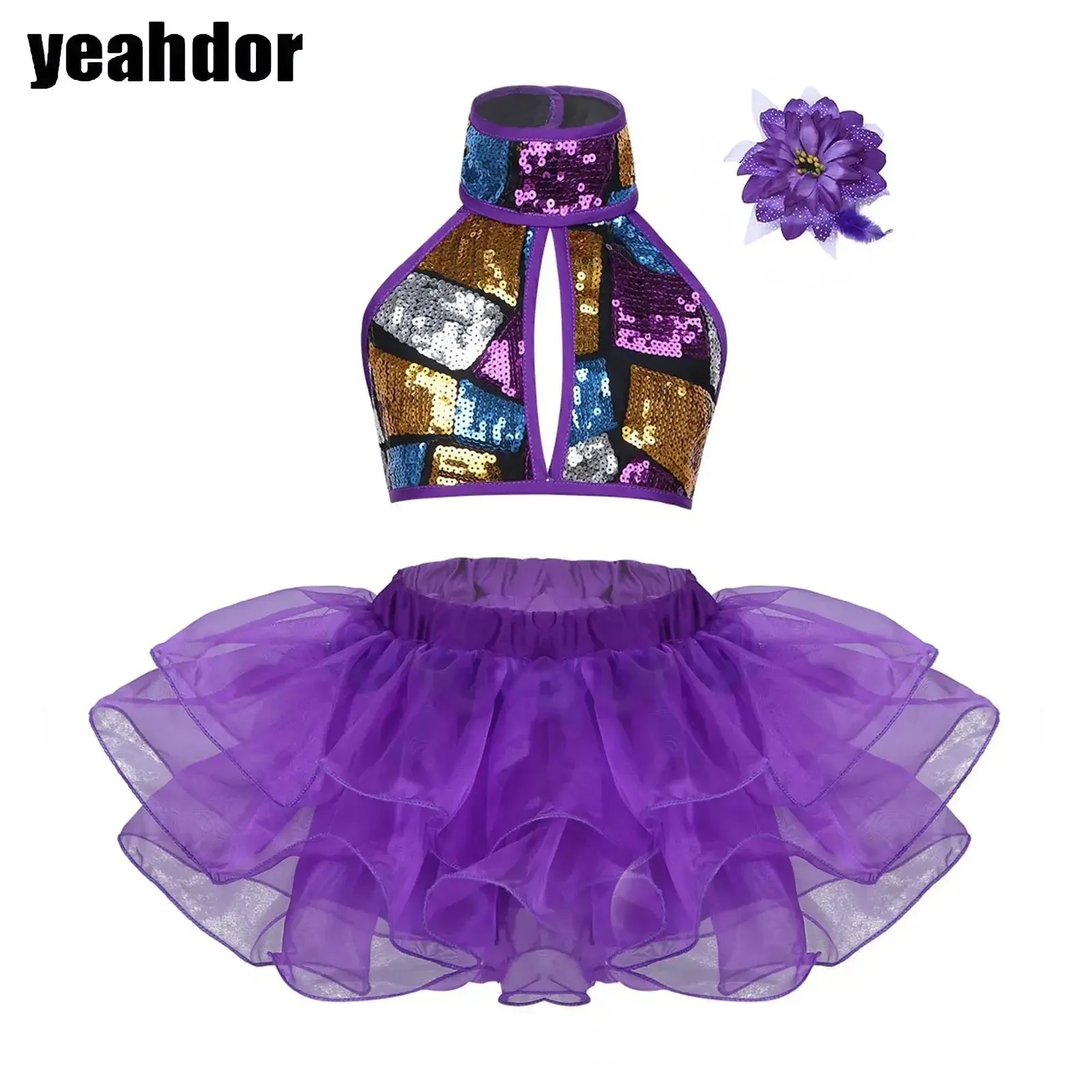 

Girls Halter Sequin Dance Outfit Strappy Crop Top with Tutu Skirt Ballet Dance Dress Ballroom Lyrical Jazz Performance Dancewear
