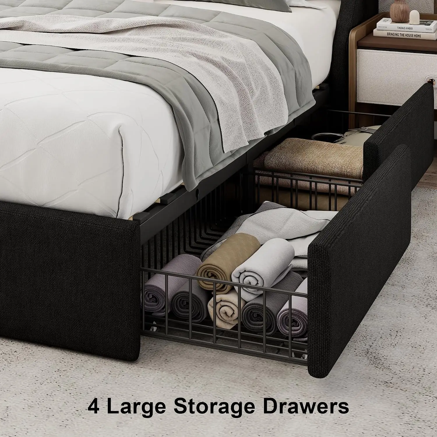 King Bed Frame With 4 Drawers, Upholstered Wingback Headboard, Charging Station, No Box Spring, Easy Assembly, Black, Customized