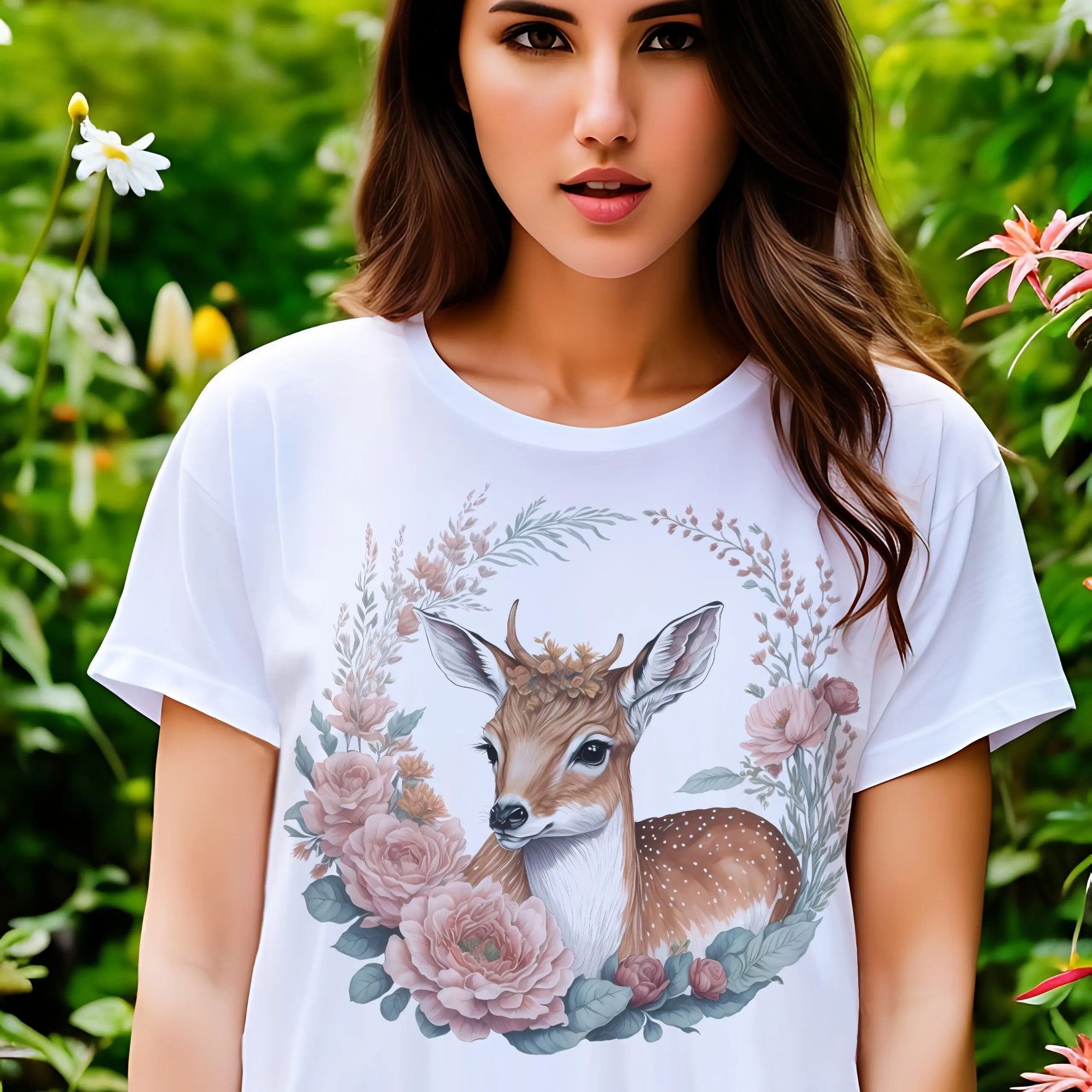 T Shirt Rehkitz Und Blumen Forestcore Wald Natur Kitz Herbst Rehböckchen Tierliebe Rehlein Landleben Hirsch Cottagecore