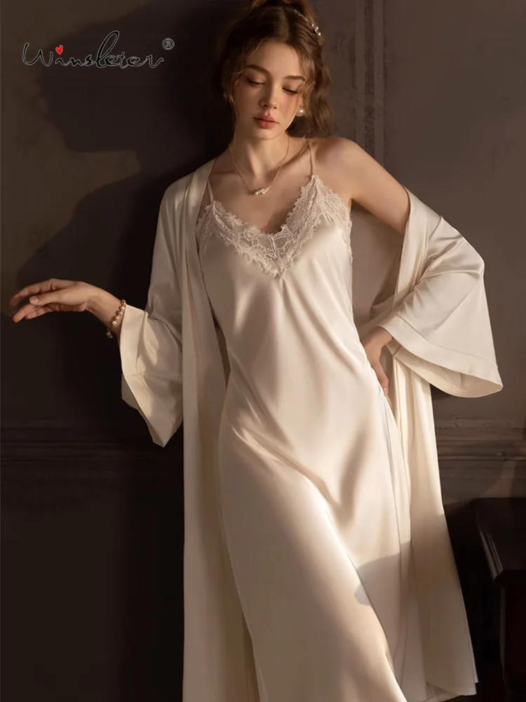 Winsleter, Sexy Suspender Strap Night-robe Set, Women Backless Lace, French 3/4 Sleeve Robe Sling Dress, 2025 Spring S4D922CC